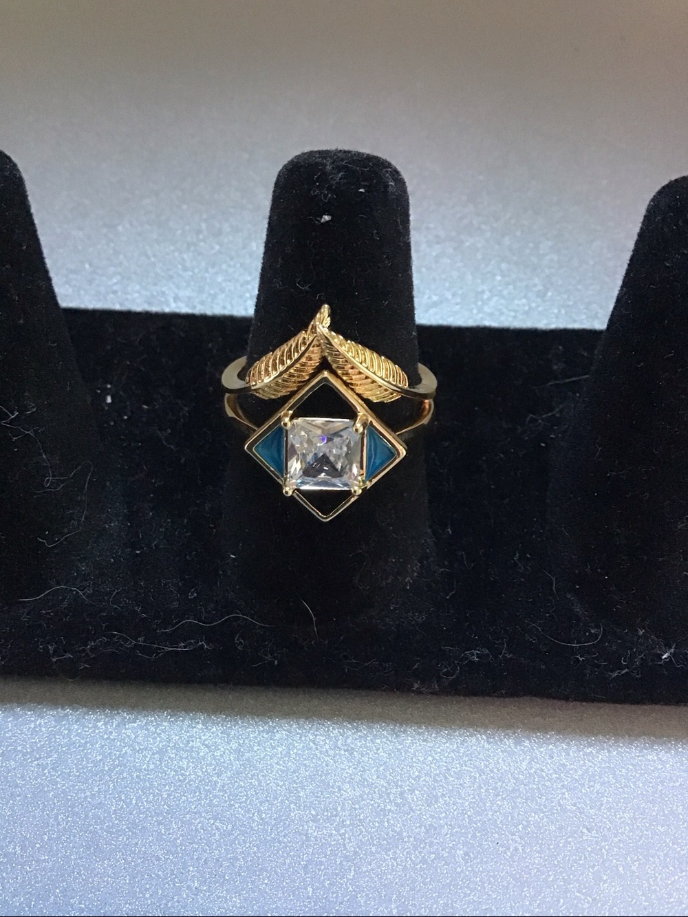 Gold Tone Turquoise Accent Square CZ Ring - Women Jewelry - Picture 5 of 9